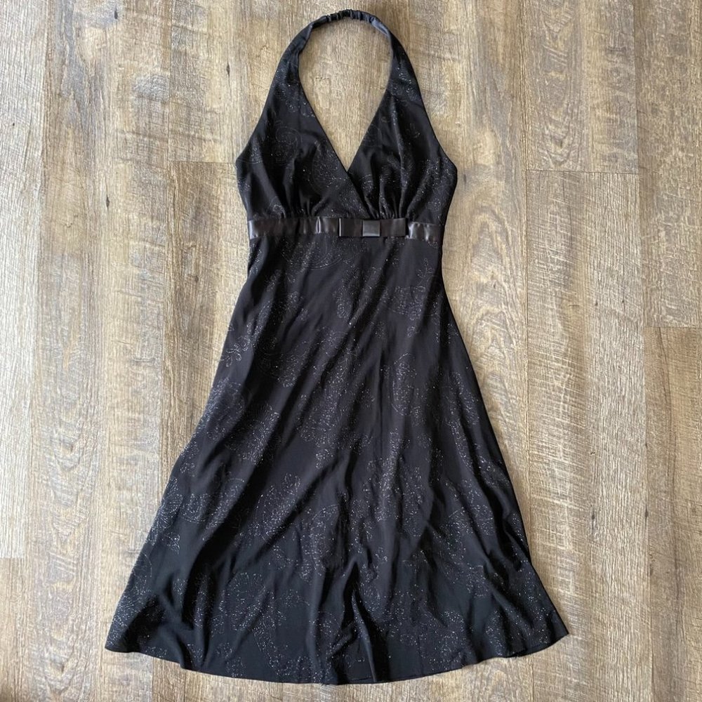2000s Black Shimmer Babydoll Halter Dress